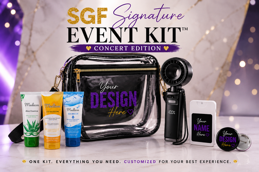 Personalized SGF Signature Event Kit featuring a clear stadium bag, novelty flask, hand sanitizer, rechargeable fan, and collector's button.