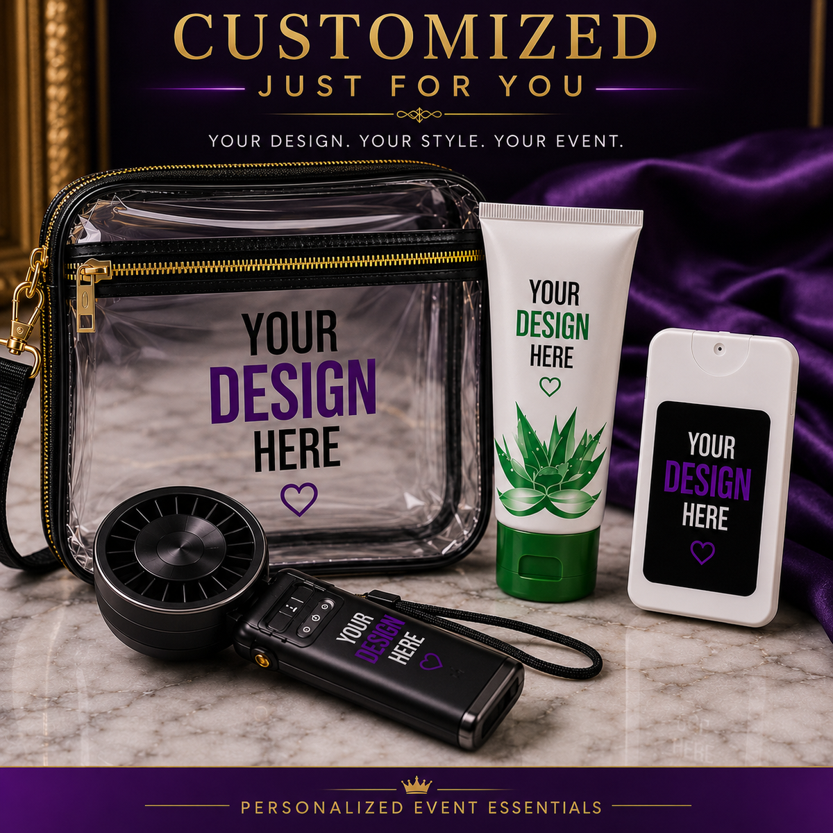 Personalized concert essentials showing custom bag, novelty flask, hand sanitizer, and fan.