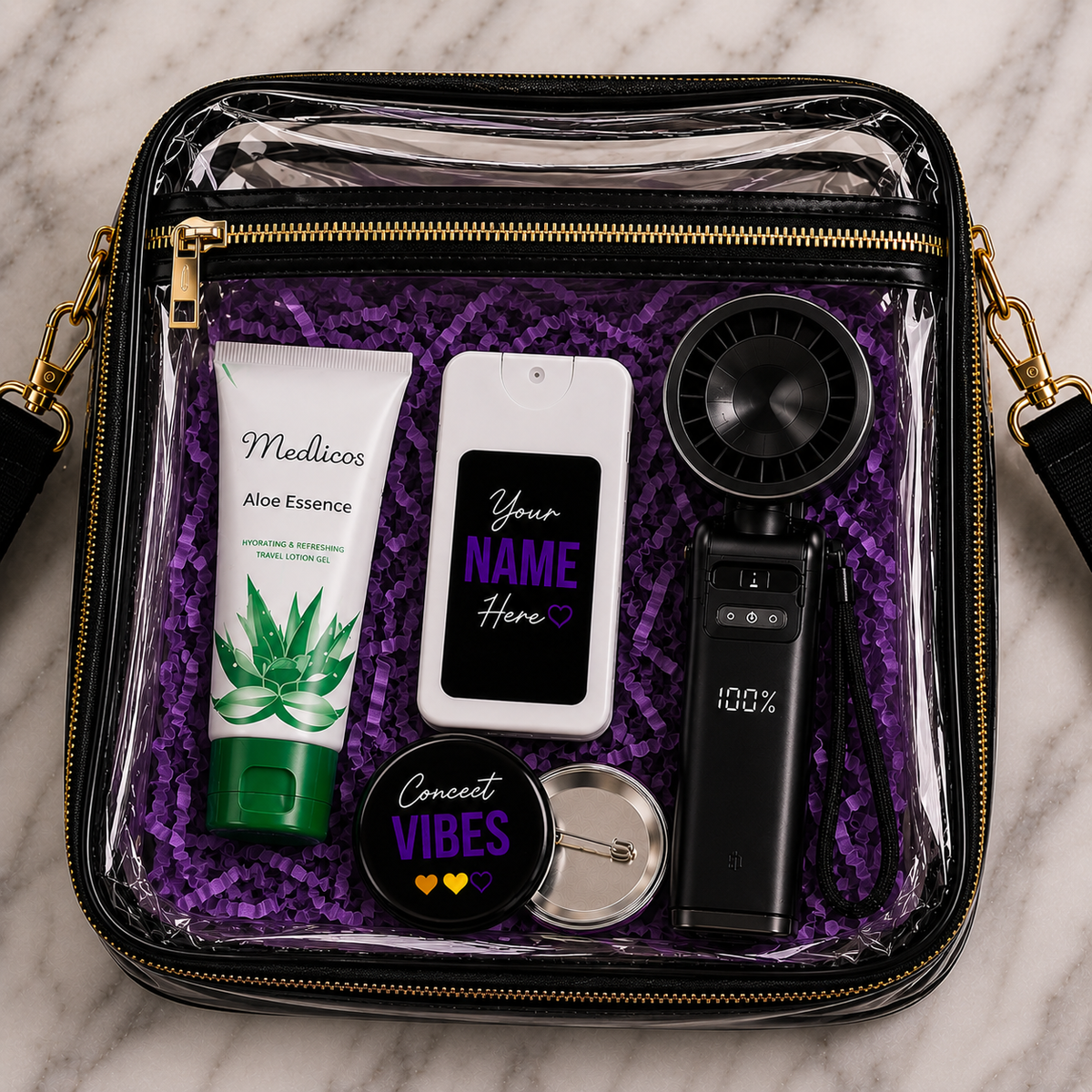 Packed SGF Signature Event Kit showing the included concert essentials inside the clear bag.
